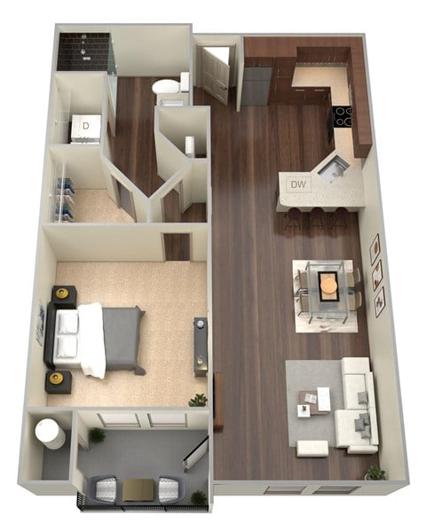 Floor plan for 1 bed, 1 bath, 608 sqft